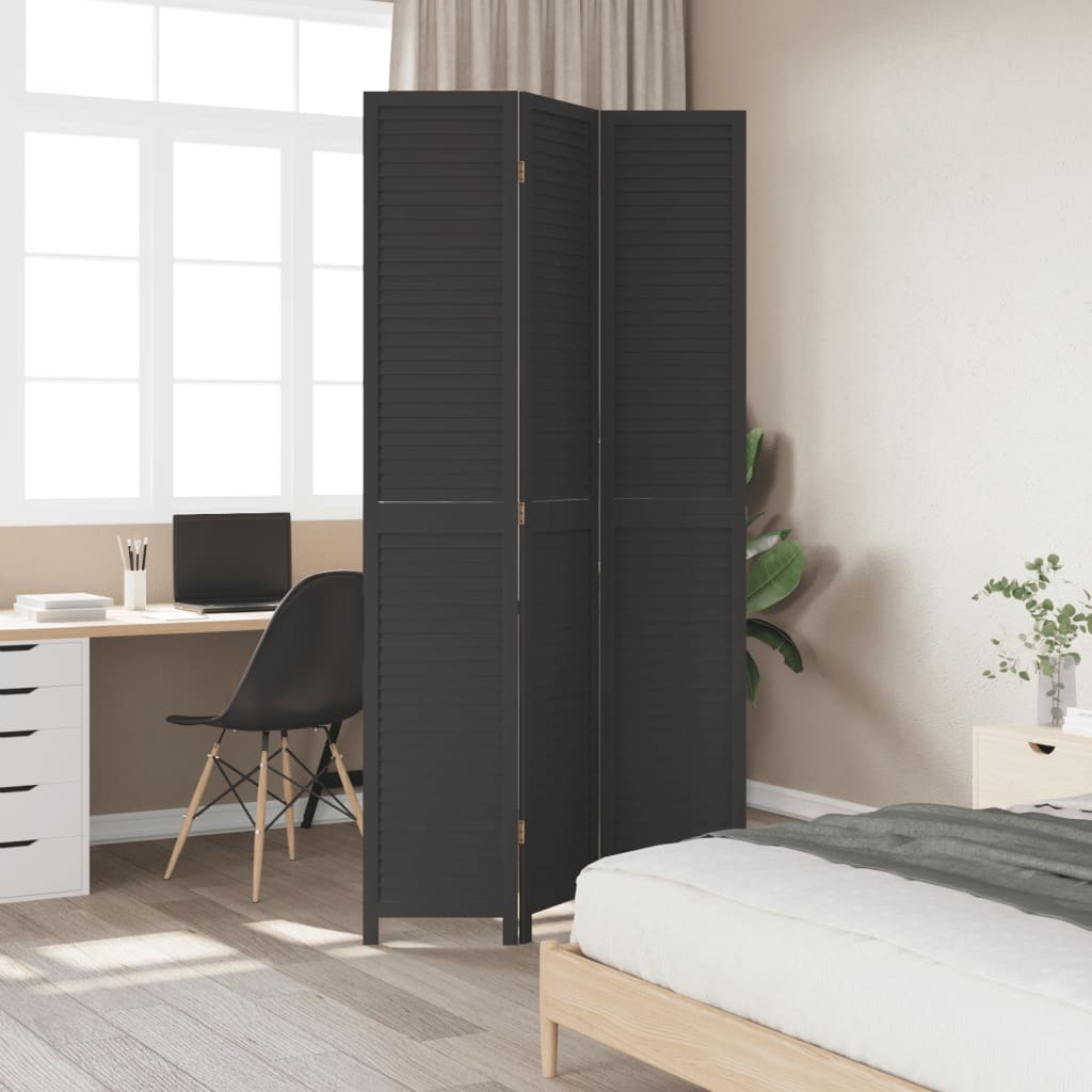 Room Divider 3 Panels Black Solid Wood Paulownia