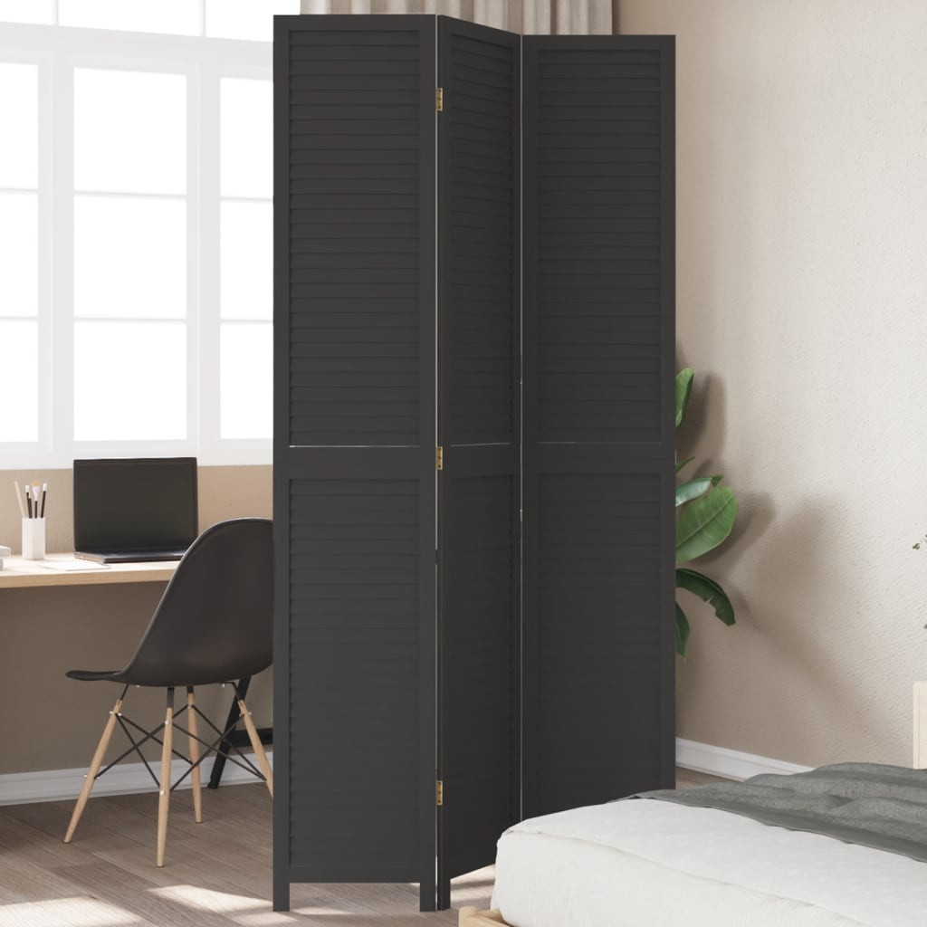 Room Divider 3 Panels Black Solid Wood Paulownia