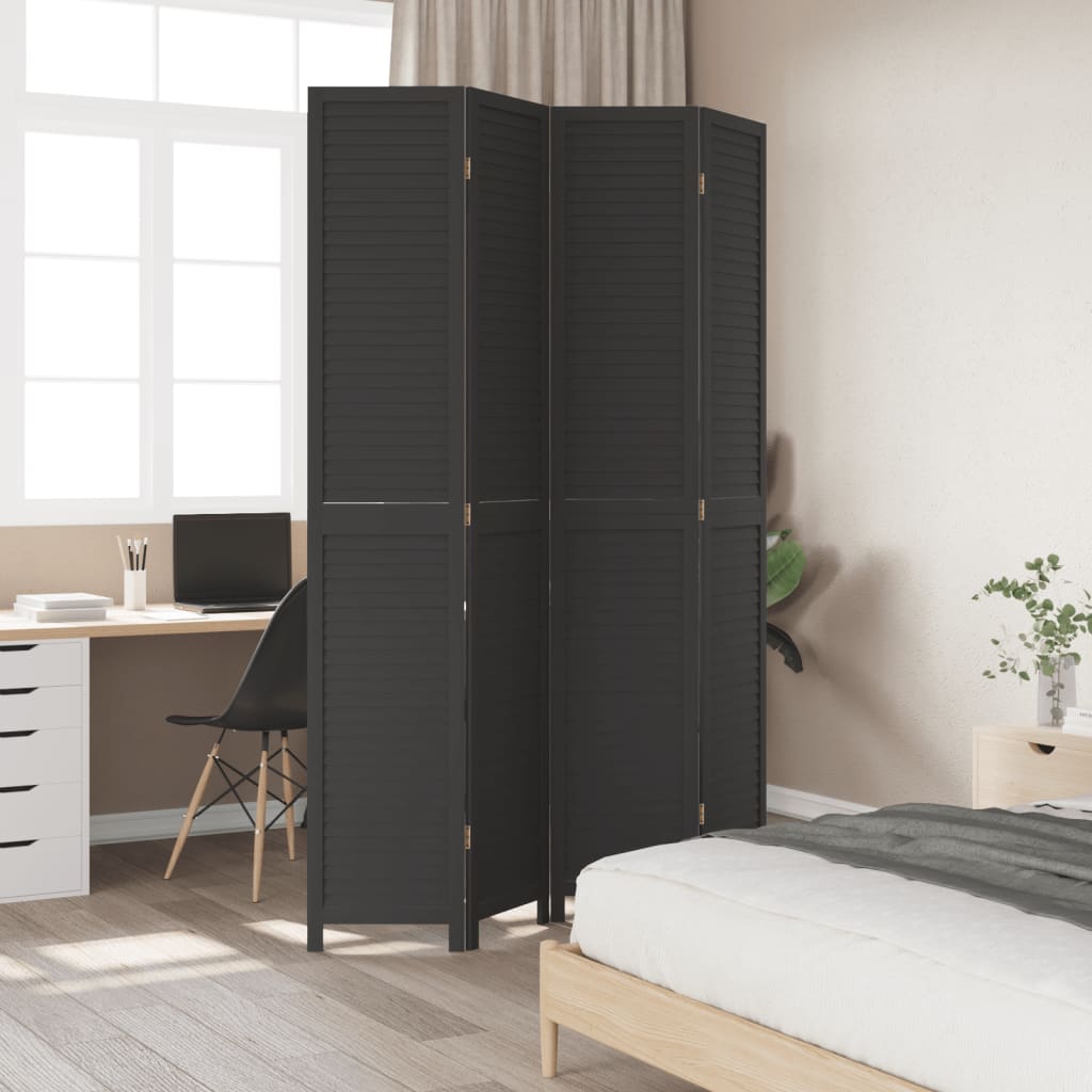 Room Divider 4 Panels Black Solid Wood Paulownia