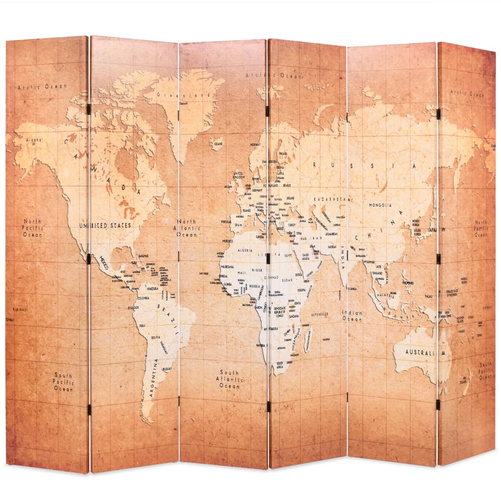 Folding Room Divider 228x170 cm World Map Yellow