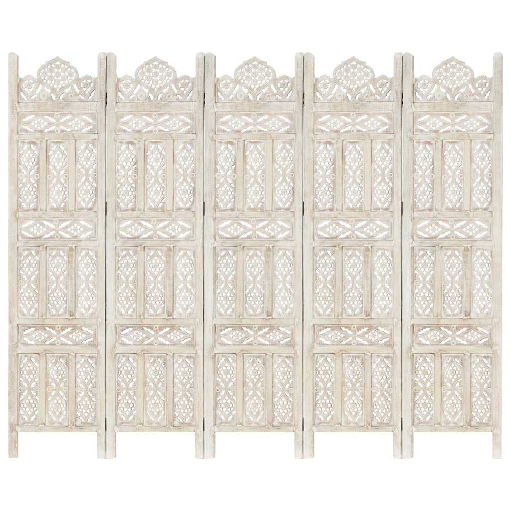 Hand carved 5-Panel Room Divider White 200x165 cm Solid Mango Wood