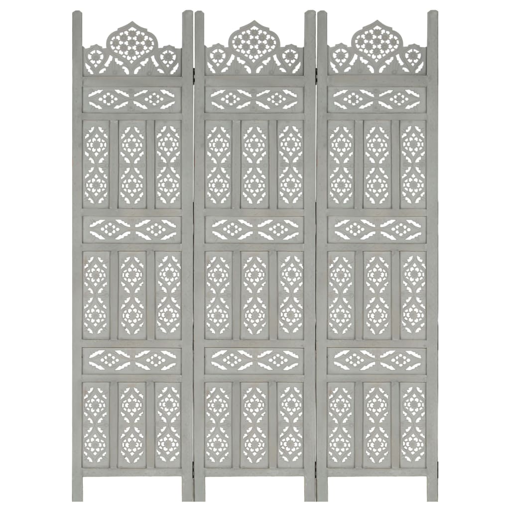 Hand carved 3-Panel Room Divider Grey 120x165 cm Solid Mango Wood