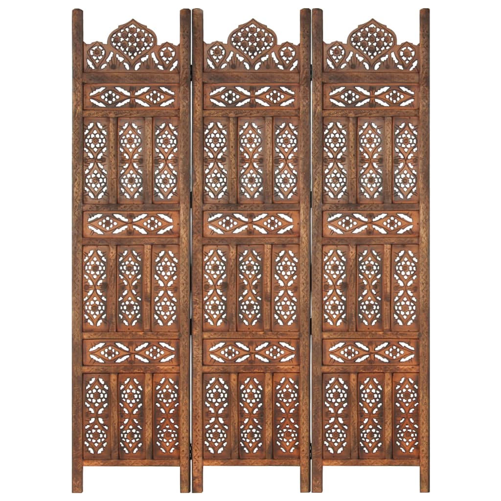 Hand carved 3-Panel Room Divider Brown 120x165 cm Solid Mango Wood