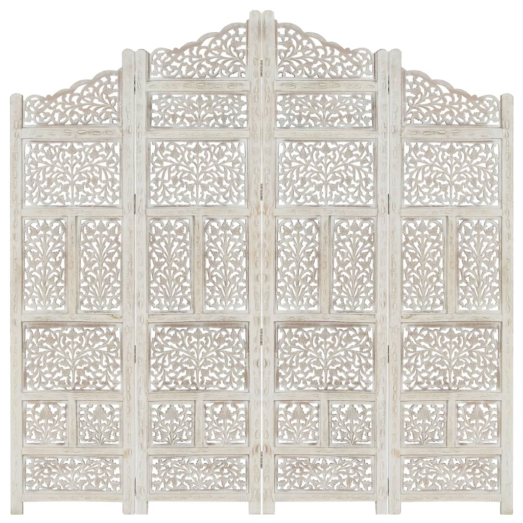 Hand carved 4-Panel Room Divider White 160x165 cm Solid Mango Wood