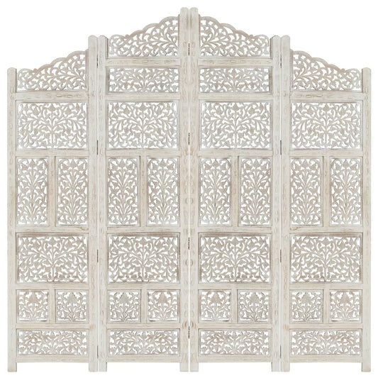 Hand carved 4-Panel Room Divider White 160x165 cm Solid Mango Wood