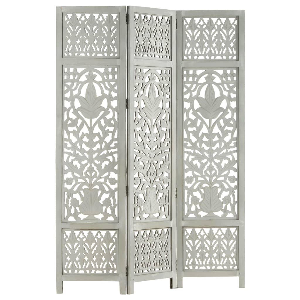 Hand Carved 3-Panel Room Divider Grey 120x165 cm Solid Mango Wood