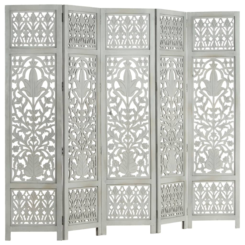Hand Carved 5-Panel Room Divider Grey 200x165 cm Solid Mango Wood