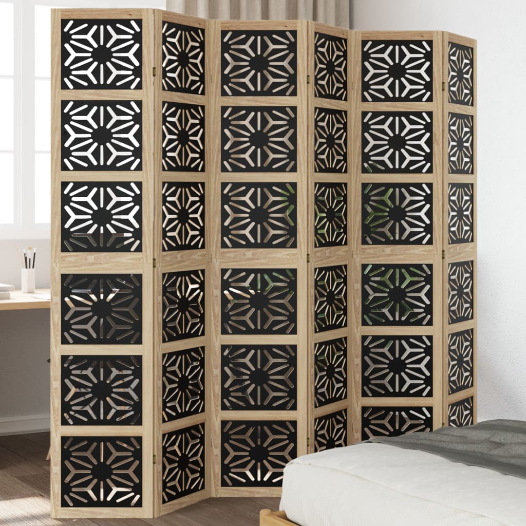 Room Divider 6 Panels Brown and Black Solid Wood Paulownia
