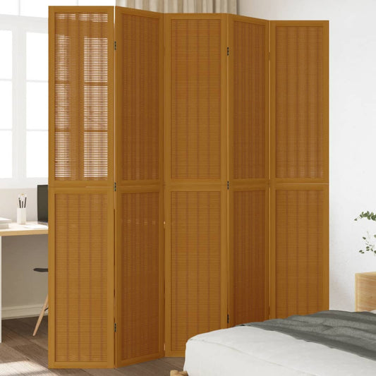 Room Divider 5 Panels Brown Solid Wood Paulownia